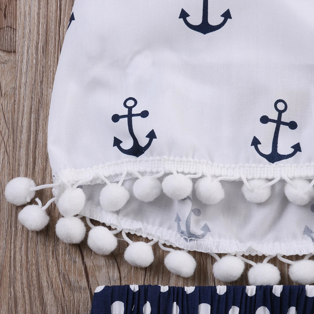 Infant Baby Girl 3-Piece Summer Outfit, Anchor Top with Polka Dot Bloomers and Headband