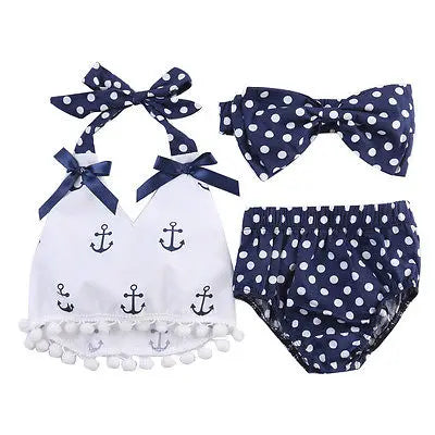 Infant Baby Girl 3-Piece Summer Outfit, Anchor Top with Polka Dot Bloomers and Headband