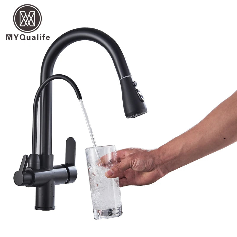 Matte Black Pure Water Kitchen Faucet Dual Handle Hot and Cold Drinking Water Pull Out Kitchen Mixer Taps