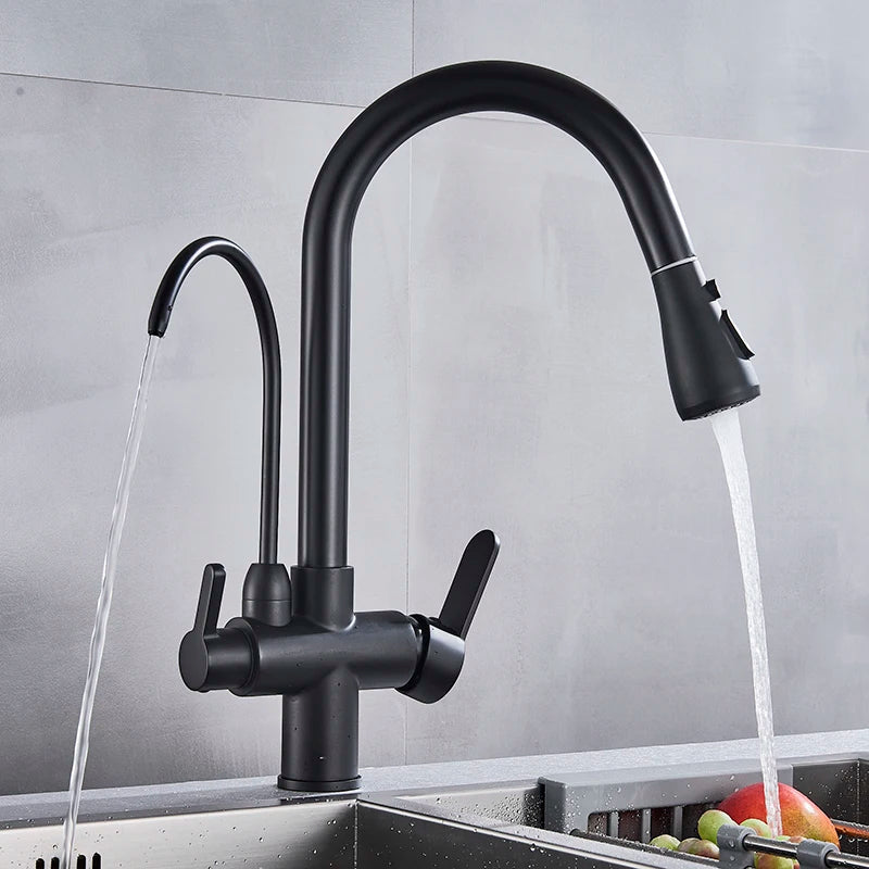 Matte Black Pure Water Kitchen Faucet Dual Handle Hot and Cold Drinking Water Pull Out Kitchen Mixer Taps