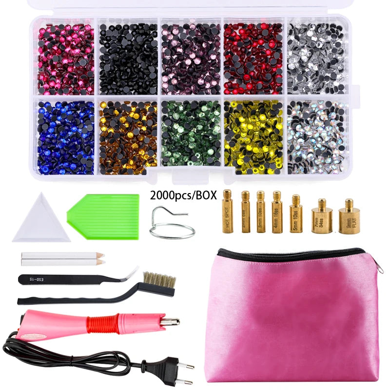 QIAO Hot Fix Rhinestones Set EU/US PLUG Hotfix Applicator 7 Tips Iron-on Crystal Glass Rhinestone Strass For Garment Decorations