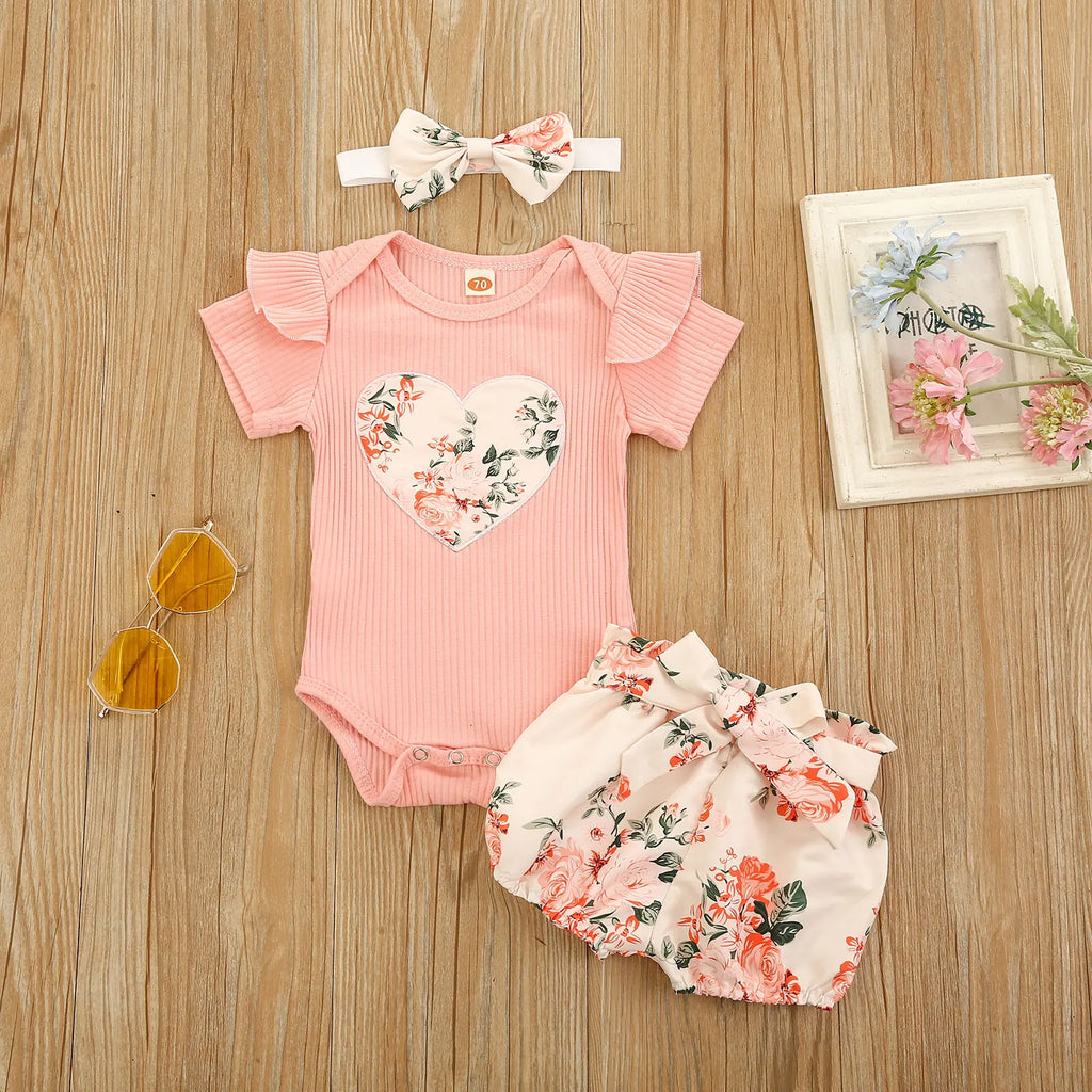 Baby Girl Summer Outfit, Ruffle Knit Romper with Floral Shorts and Headband Set