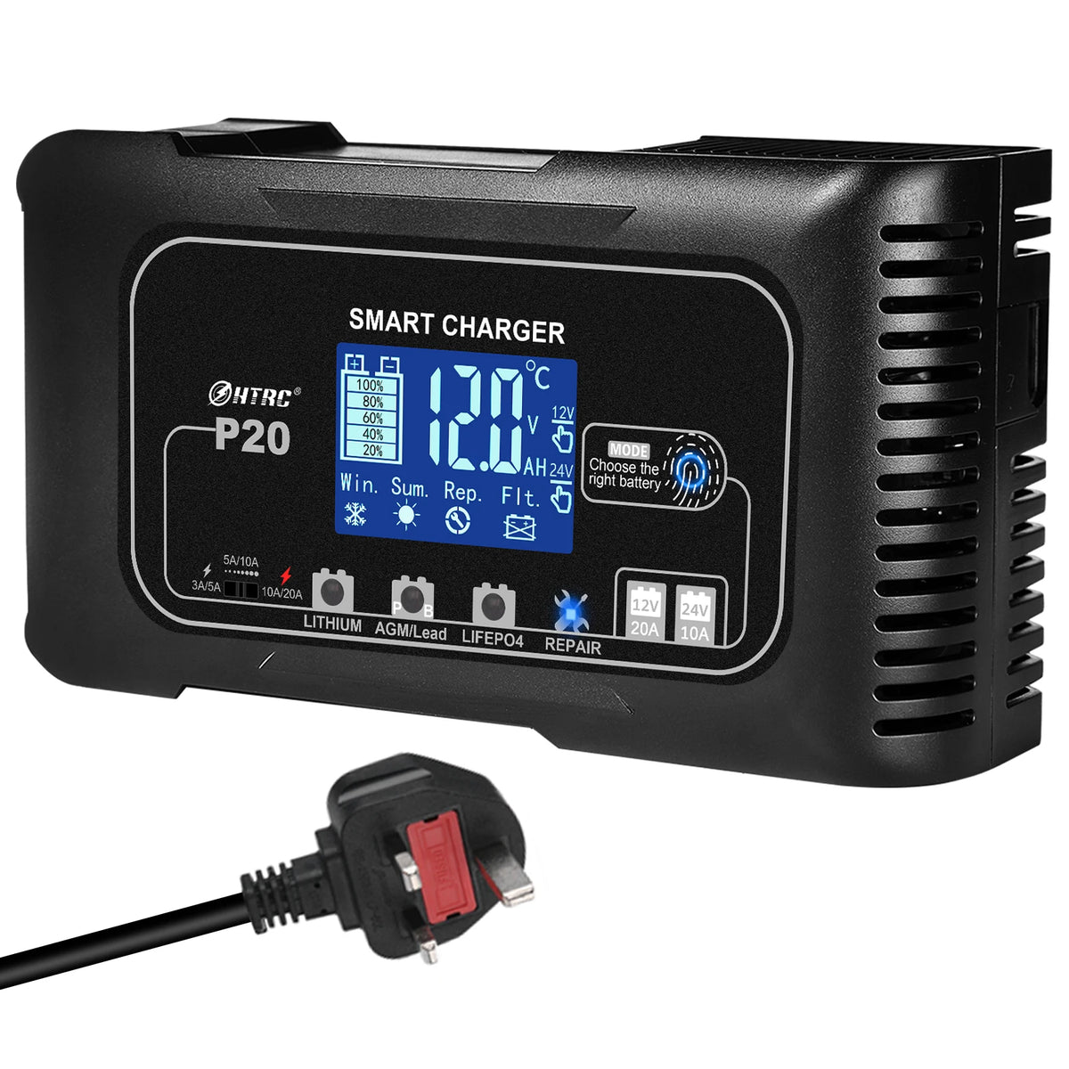 20A 12V-24V Smart Battery Charger for Motorcycle Car Battery Repair Auto Moto Lead Acid AGM GEL PB Lithium LiFePo4 Batteri