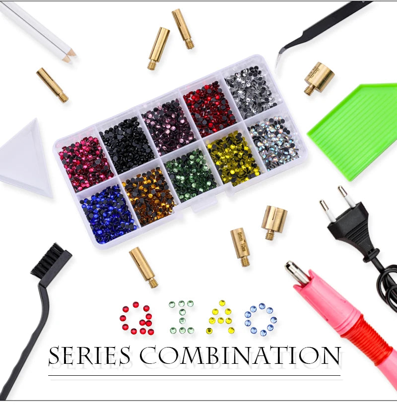 QIAO Hot Fix Rhinestones Set EU/US PLUG Hotfix Applicator 7 Tips Iron-on Crystal Glass Rhinestone Strass For Garment Decorations