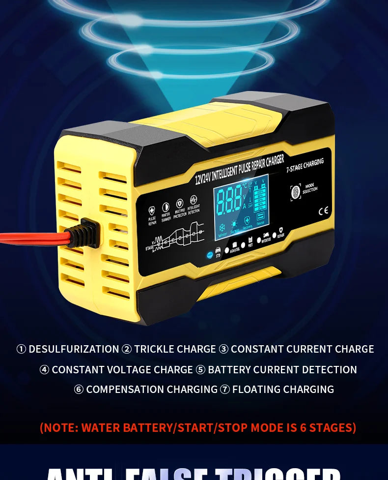 12V-24V 7-stage smart Car Battery-Charger Full Automatic 10A Digital Car Battery Charger  Pulse Repair for AGM GEL WET Lead Acid