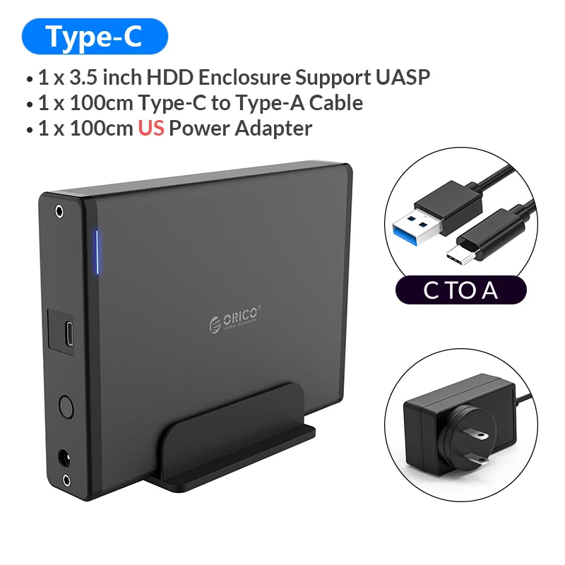 ORICO 3.5 inch Hard Drive Enclosure, USB-C and USB 3.0 SATA External HDD Case