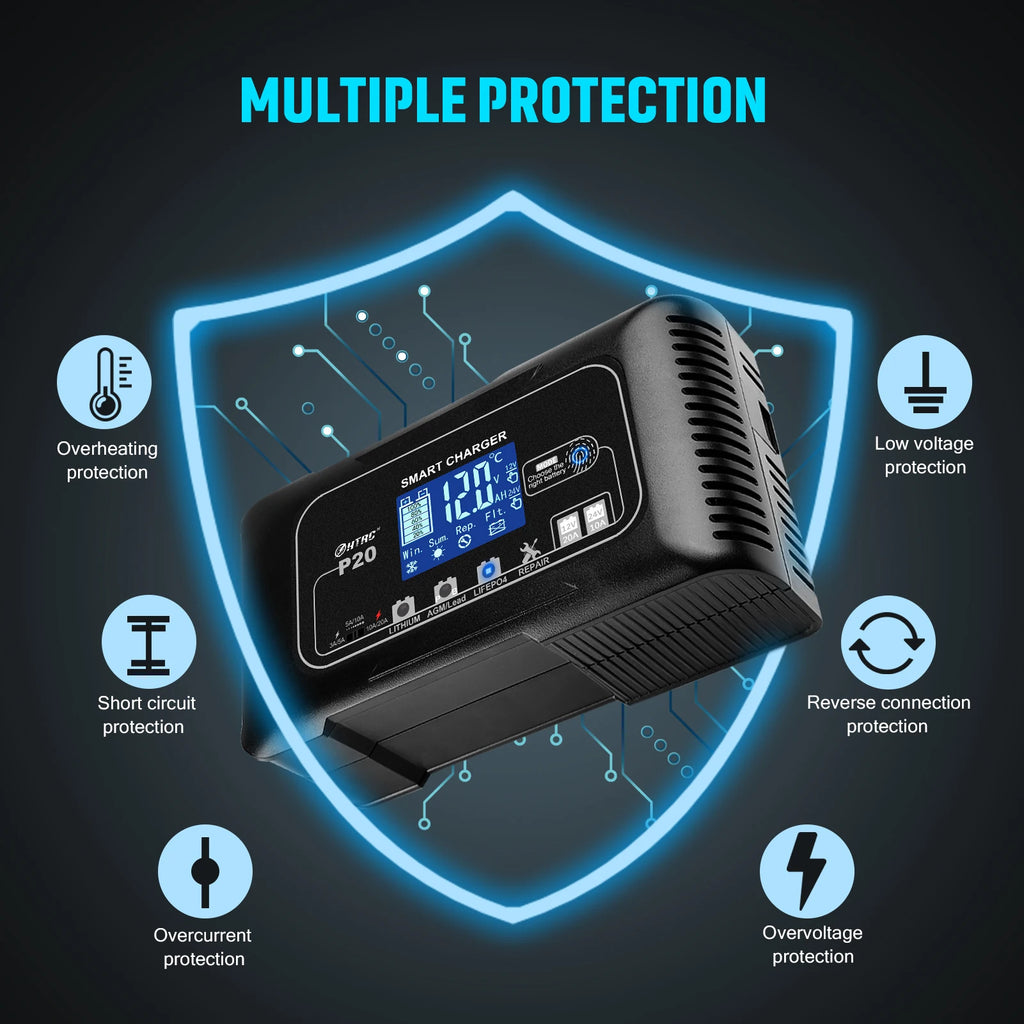 20A 12V-24V Smart Battery Charger for Motorcycle Car Battery Repair Auto Moto Lead Acid AGM GEL PB Lithium LiFePo4 Batteri