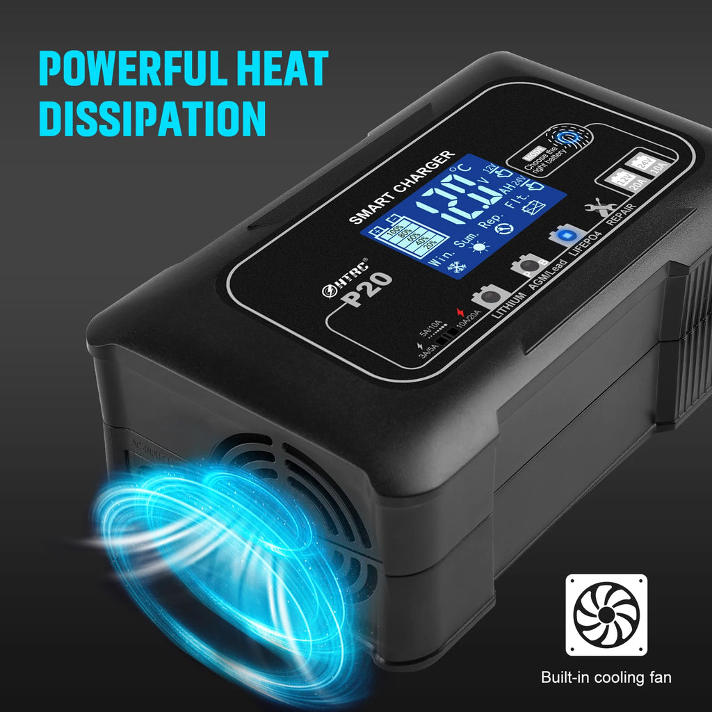20A 12V-24V Smart Battery Charger for Motorcycle Car Battery Repair Auto Moto Lead Acid AGM GEL PB Lithium LiFePo4 Batteri