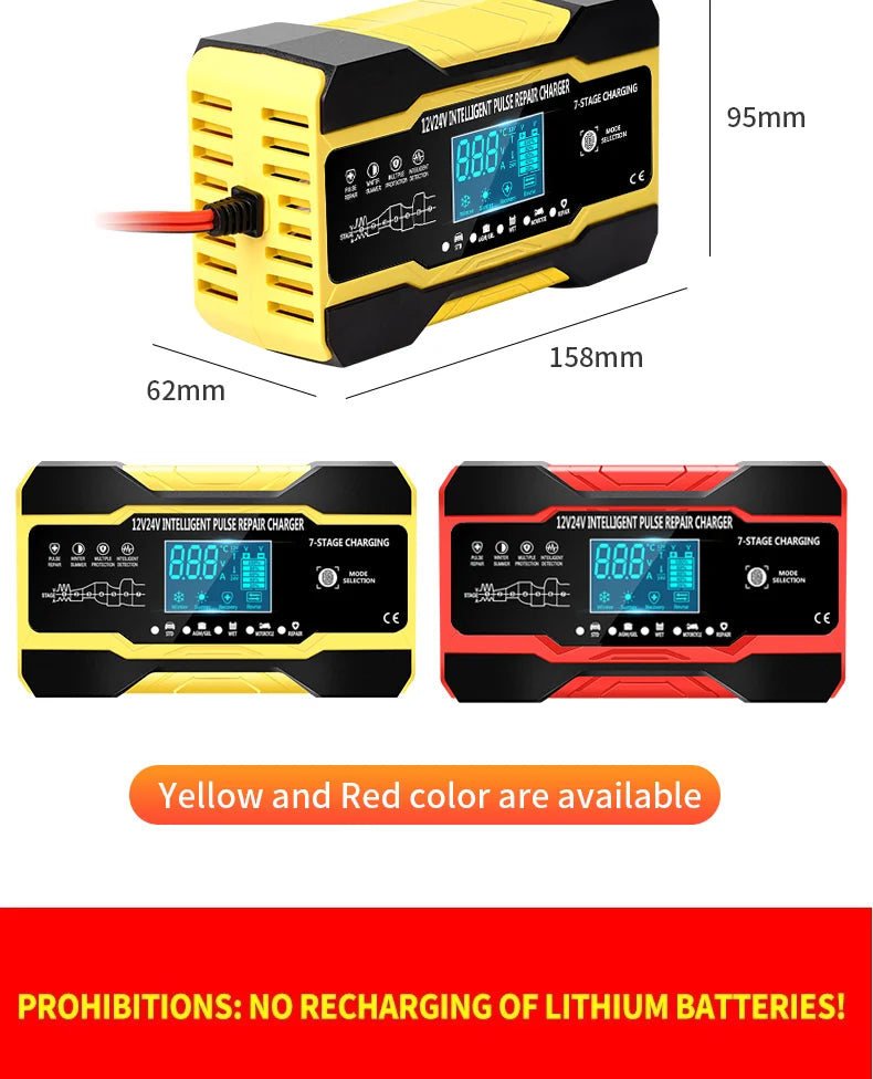 12V-24V 7-stage smart Car Battery-Charger Full Automatic 10A Digital Car Battery Charger  Pulse Repair for AGM GEL WET Lead Acid