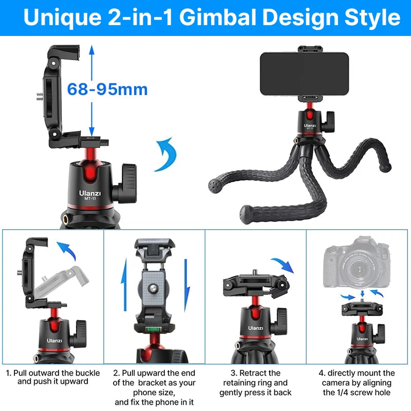 MT-11 Flexible Octopus Tripod Smartphone DSLR SLR Vlog Tripod Travel Portable 2 in 1 Tripod Extend 1/4 Screw Magic Arm