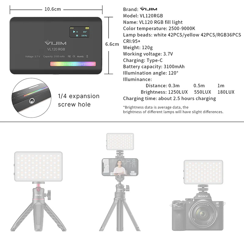 Ulanzi VL120 RGB LED Video Light, Rechargeable 3100mAh Mini Fill Light for Camera and Phone