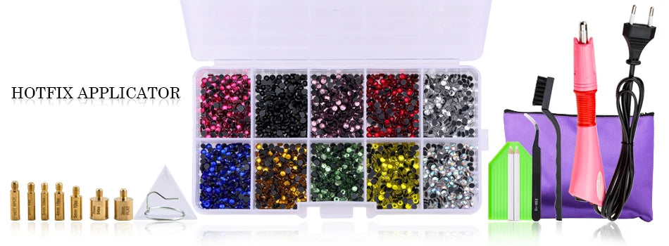 QIAO Hot Fix Rhinestones Set EU/US PLUG Hotfix Applicator 7 Tips Iron-on Crystal Glass Rhinestone Strass For Garment Decorations