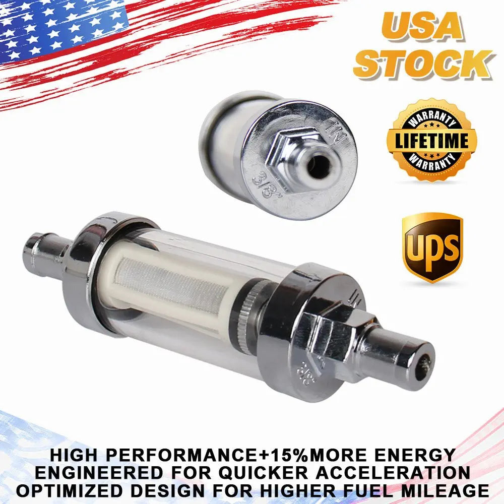 10mm 3/8'' Universal Chrome Glass Fuel Filter Car Petrol Diesel Inline Reusable