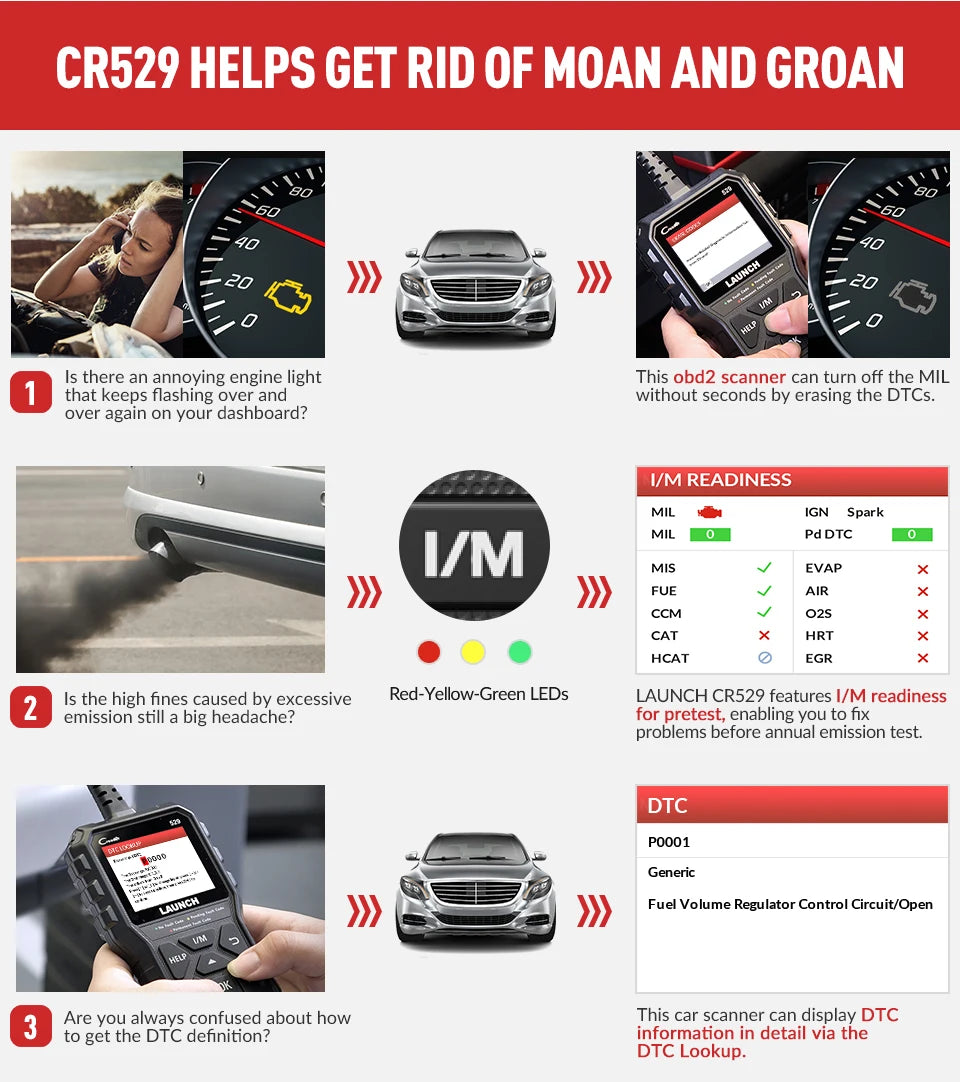 LAUNCH CReader529 CR529 OBD2 Scanner Automotive Diagnostic Tool Car OBDII Code Reader Fault Code Read Scan DIY Code Reader Creader 529