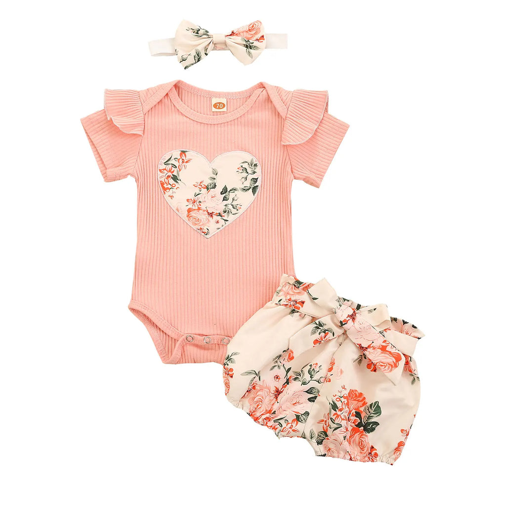 Baby Girl Summer Outfit, Ruffle Knit Romper with Floral Shorts and Headband Set