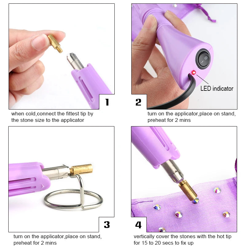 QIAO Hot Fix Rhinestones Set EU/US PLUG Hotfix Applicator 7 Tips Iron-on Crystal Glass Rhinestone Strass For Garment Decorations