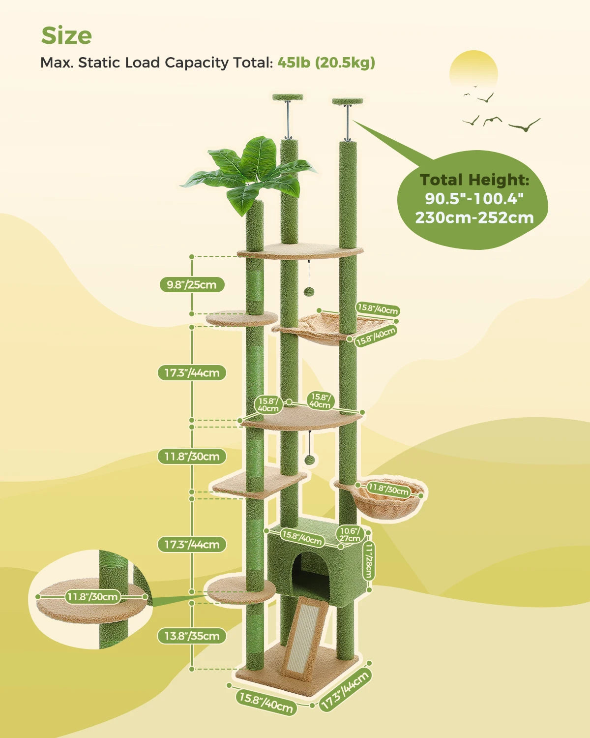 Cactus Cat Tree Floor to Ceiling Cat Tower Adjustable Height with Cat Condo Cozy Hammock and Scratching Post Tall Activity Tree