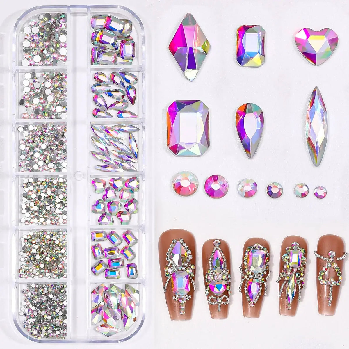 12Gird 3D Glass AB Crystal Nail Art Rhinestones Kit Flatback Round Bead Charm Gem Stones Jewelry Diamond with Tools for Nail Art