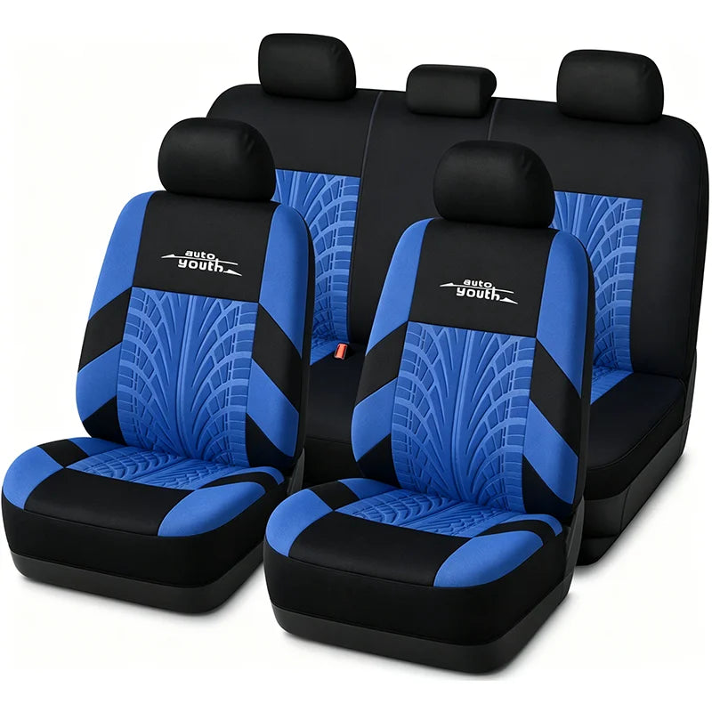 AUTOYOUTH Embroidered Car Seat Covers Full Set, Universal Fit with Tire Track Detail