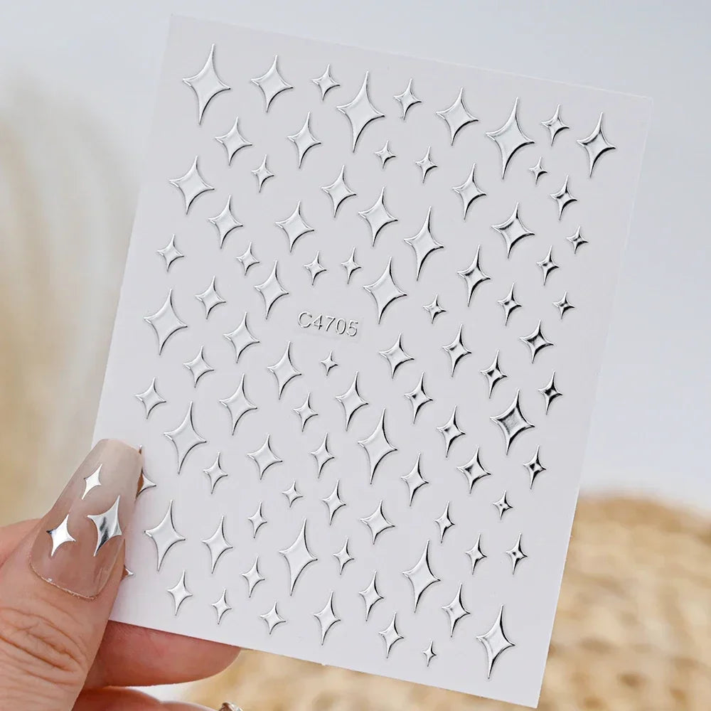 3D Silver Star & Heart Nail Stickers, 6 Sheets