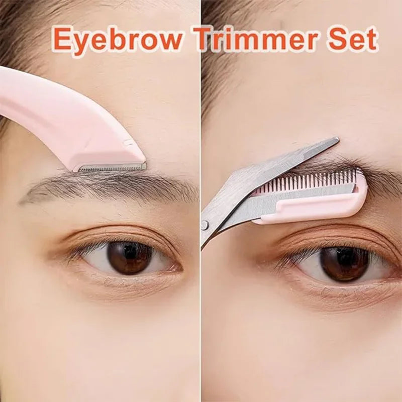 Eyebrow Trimmer Set with Curved Razor, Scissors and Comb, Grooming Kit for Beginners