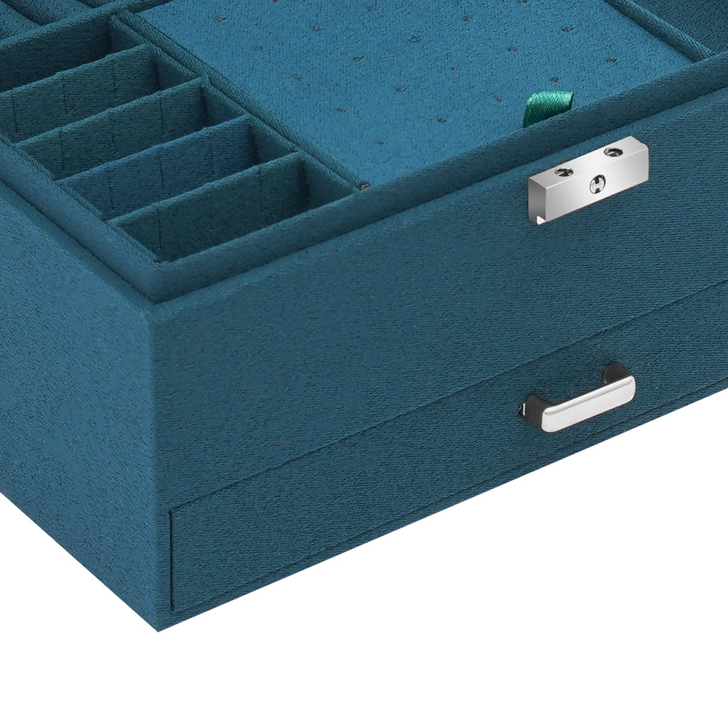 3-Tier Dark Green Jewelry Box Organizer with 15 Ring Slots 10 Earring Hooks 18 Stud Holes Drawers for Necklace Bracelet Watch