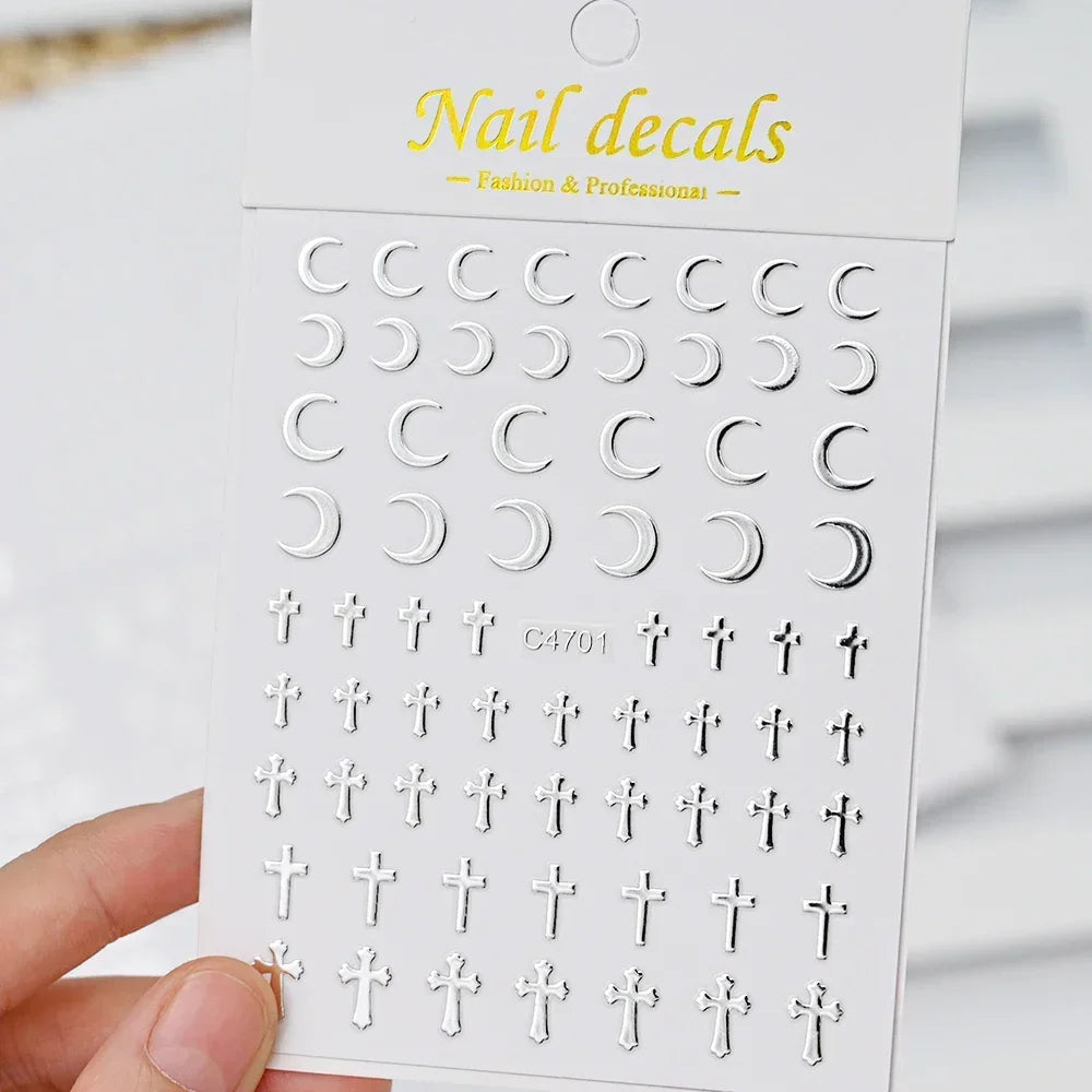 3D Silver Star & Heart Nail Stickers, 6 Sheets
