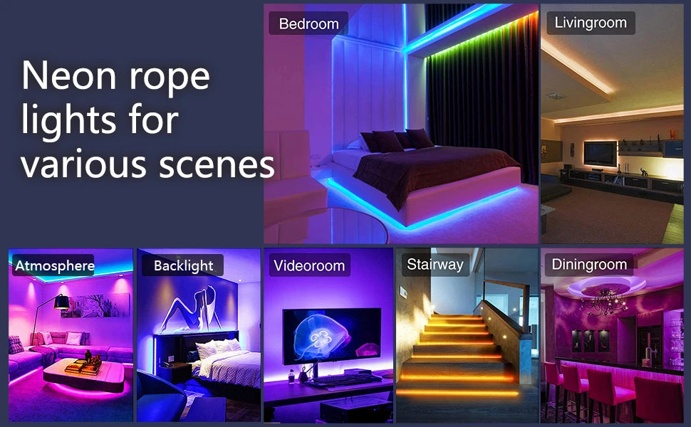 Neon Rope Light, Flexible Led Lights Control with App/Remote, Multiple Modes, Ip65 Outdoor Waterproof, Music Sync Light Strip for Bedroom