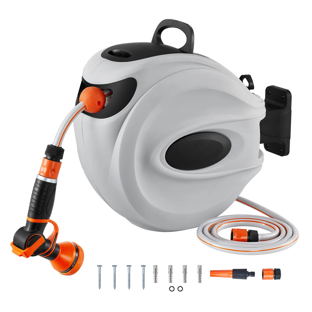 Retractable Hose Reel1/2 inch 180° Swivel Bracket Wall-Mounted Garden Water Hose Reel with 9-Pattern Nozzle and 3 Fast