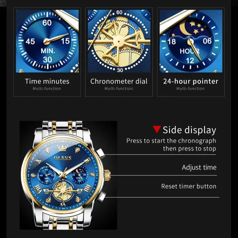 OLEVS Men's Skeleton Chronograph Watch with Moon Phase, Stainless Steel Quartz Wristwatch