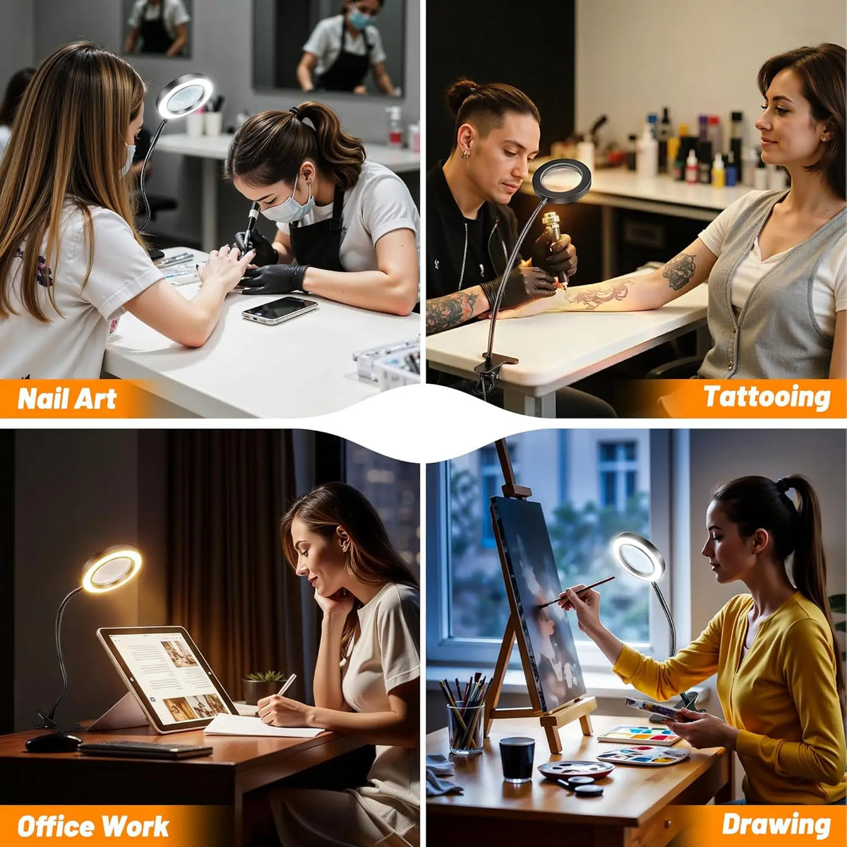 LED Clip-On Magnifying Desk Lamp 5X, USB Dimmable Gooseneck Magnifier Light with 3 Colors