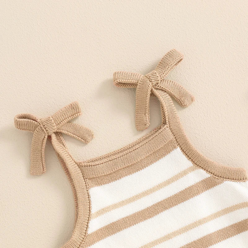 0-18M Cute Baby Girls Boys Summer Romper Sleeveless Bow Strap Ruffle Striped Ribbed Jumpsuits Playsuit