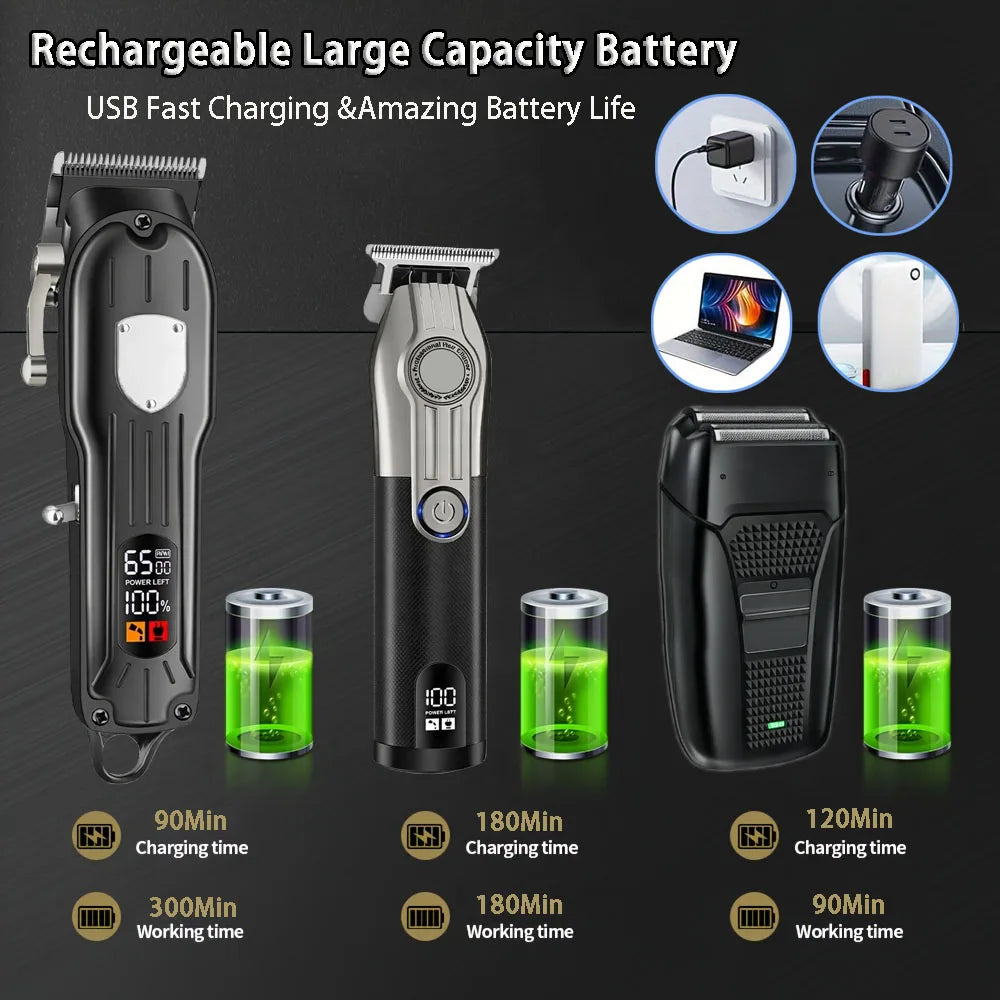 Professional Hair Clipper Set for Men, Cordless Haircut Kit with LED Display, 3-in-1/2-in-1/1pc Rechargeable Hair Clipper & T-Blade Trimmer & Electric Shaver, Barber Zero-Gapped Detailer, DIY Grooming Tools with Scissors, Com