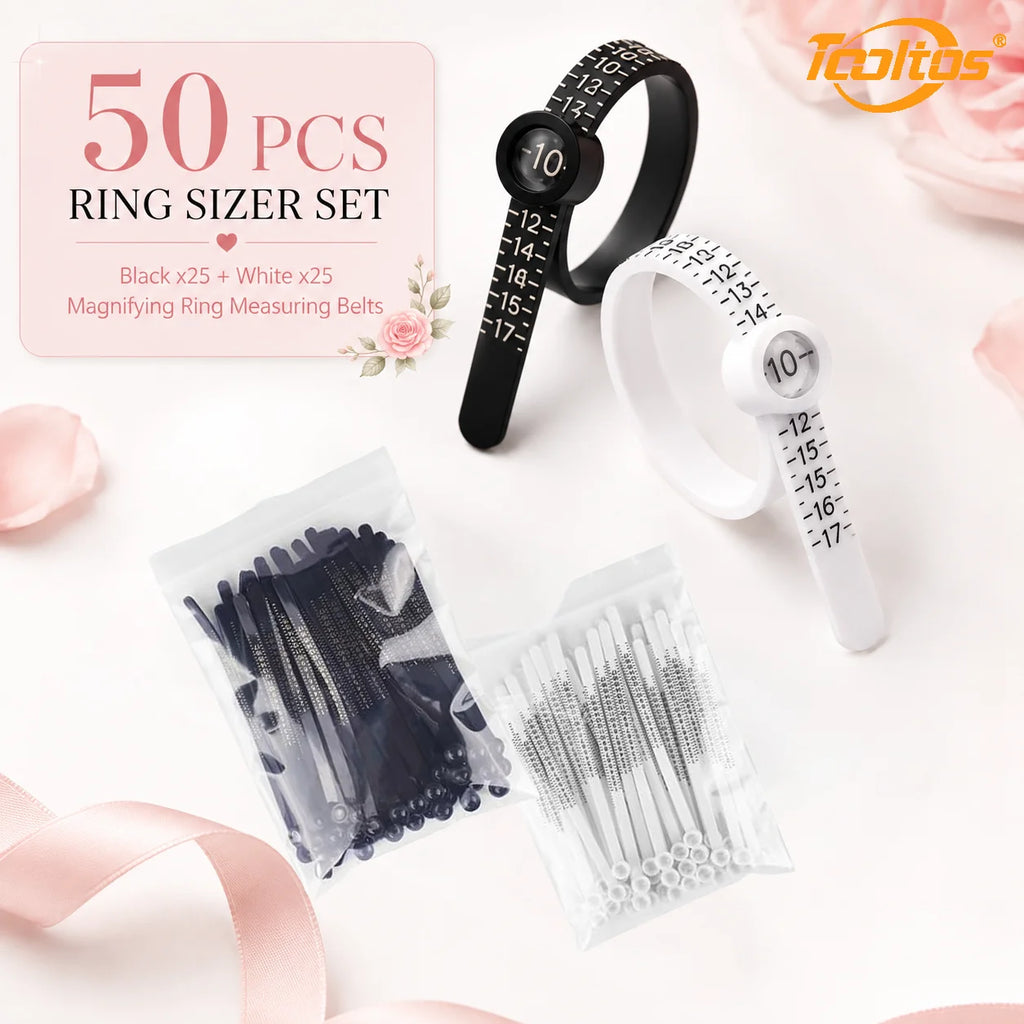 TOOLTOS 50PCS Ring Sizer Measuring Belts with Magnifier US Size 1-17 Adjustable Finger Gauge Black White Jewelry Ring Measuring Tools