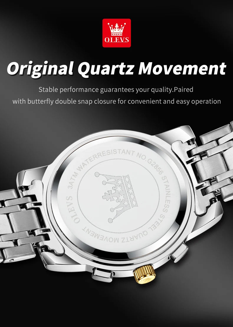 OLEVS Men's Skeleton Chronograph Watch with Moon Phase, Stainless Steel Quartz Wristwatch