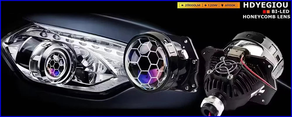 120W 2PCS 3.0 Inch Blue Honeycomb Bi LED Projector Lens Retrofit H1 H4 H7 H11 Universal Car Headlamp Retrofit Styling 6000K