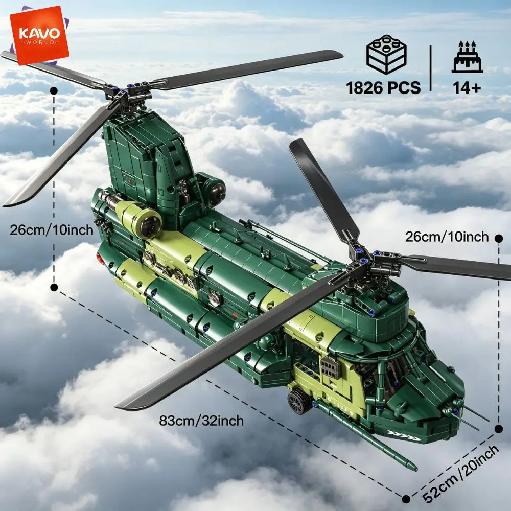 KAVOWORLD 1826PCS Chinook Tandem Rotor Military Transport Helicopter Building Blocks Model Aircraft Bricks Toys Kit Ideal Gift for Military Fans Movable Rotors Gear Linkage Opening Cargo Door Home Desk Display Christmas Birth