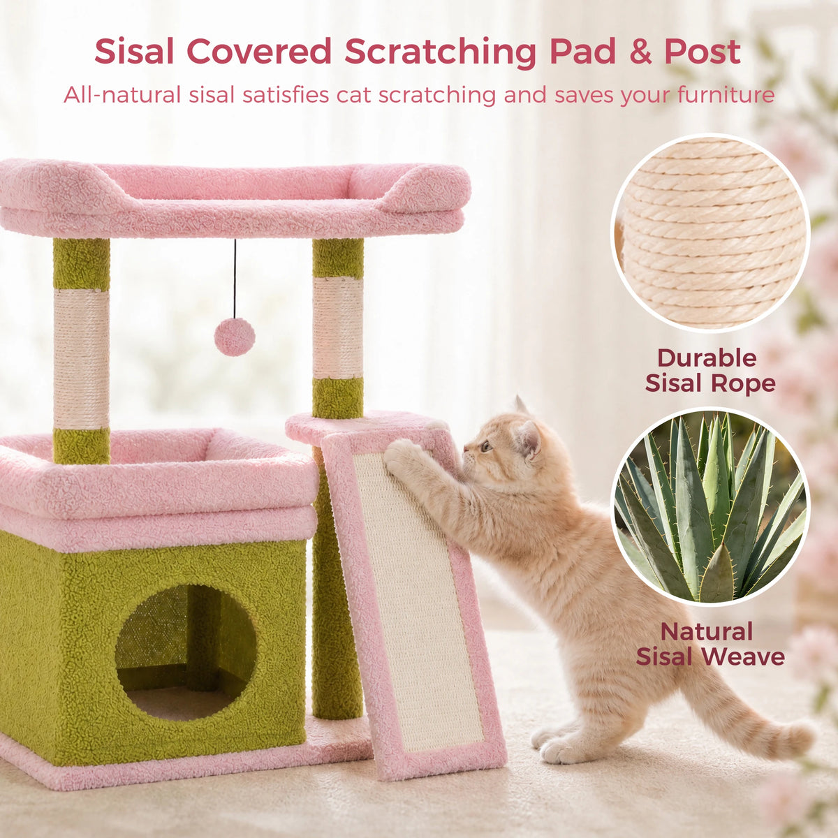 Small Cat Tree for Indoor Cat Tower with Sisal Scratching Post and Pad Wide Top Perch Large Cat Condo Cat Scratchers Cat Toys