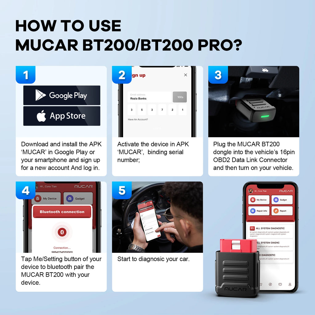 MUCAR BT200/BT200 Pro OBD2 Bluetooth Diagnostic Tool Full System Diagnose Oil SAS 15 Reset OBD 2 Scanner for All Car Code Reader