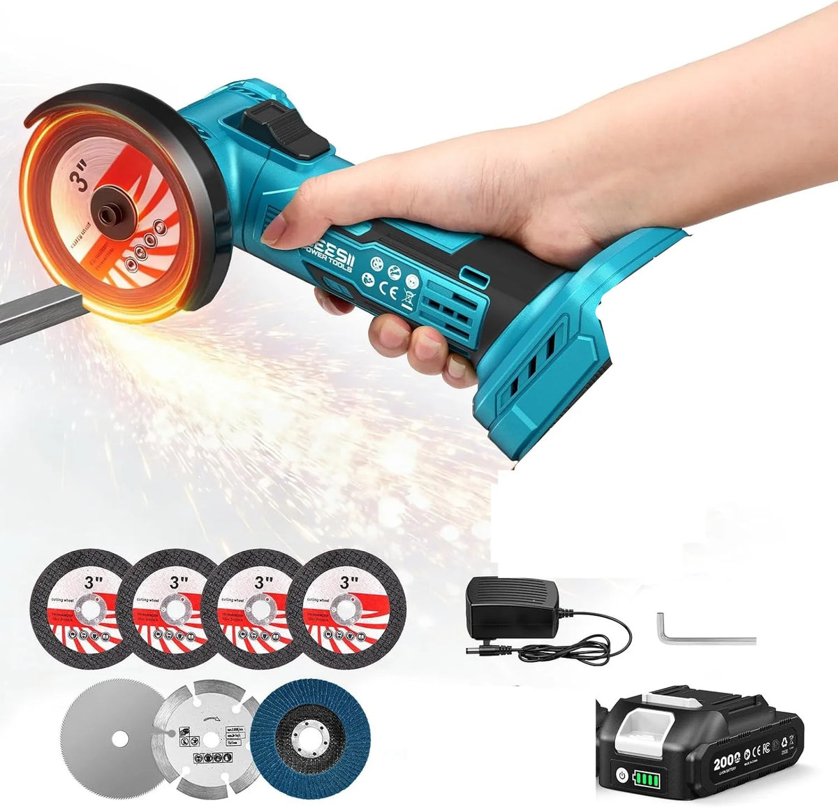 SEESII 3 Inch Brushless Angle Grinder 19000 RPM with 2pcs 21V 2.0Ah Batteries Cordless Mini Angle Grinder 7pcs Cutting Discs 210W Power Electric Grinder Tool for Metal Wood Polishing Rust Removal Repair Tool