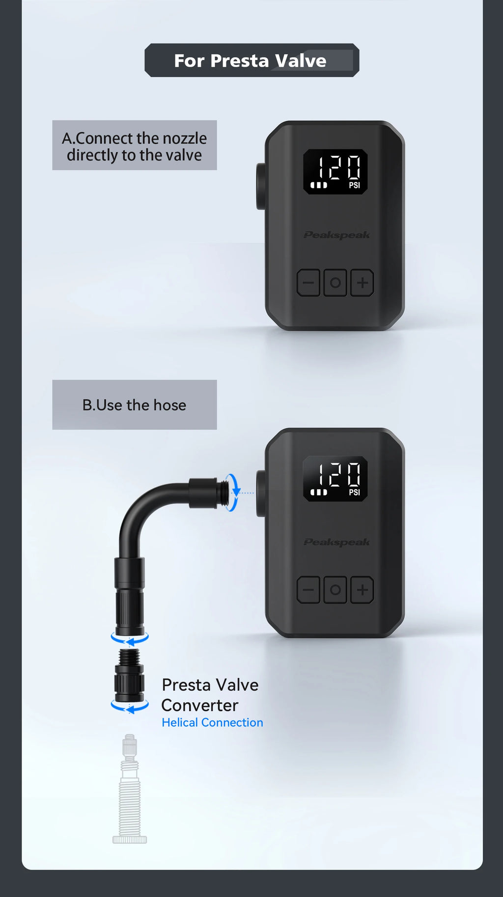 [2026 NEW] Peakspeak AS260PRO Electric Mini Bike Pump 600mAh Battery 120PSI Max Bike Cordless Tire Inflator with LED Display