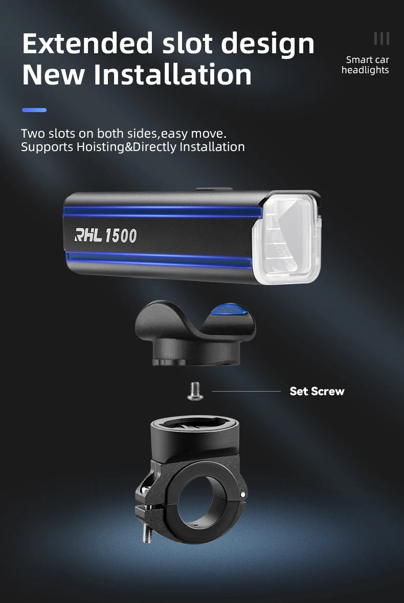 ROCKBROS Bike Light 1500LM 5000mAh Bicycle Lights IPX6 Aluminum Type-C Rechargeable Smart Brightness Sense Adjust Cycling Lamp