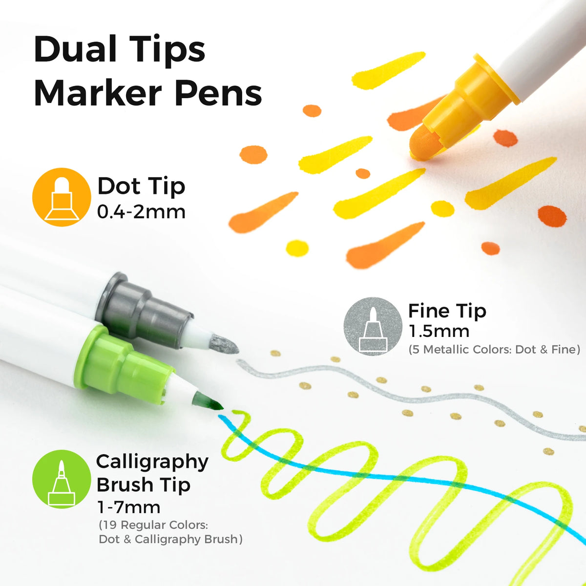 Ohuhu Dot Markers 24 Colors Dot Marker Pens Dual Tip Water-based Metallic Regular Colors Dot Pens for Journal DIY Coloring