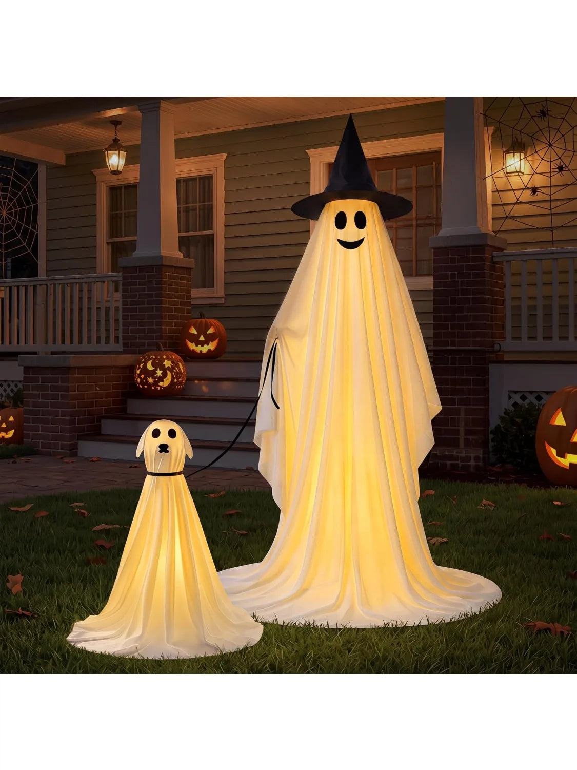 Halloween Standing Ghost Pair with Warm LED Lights, 2 Pcs