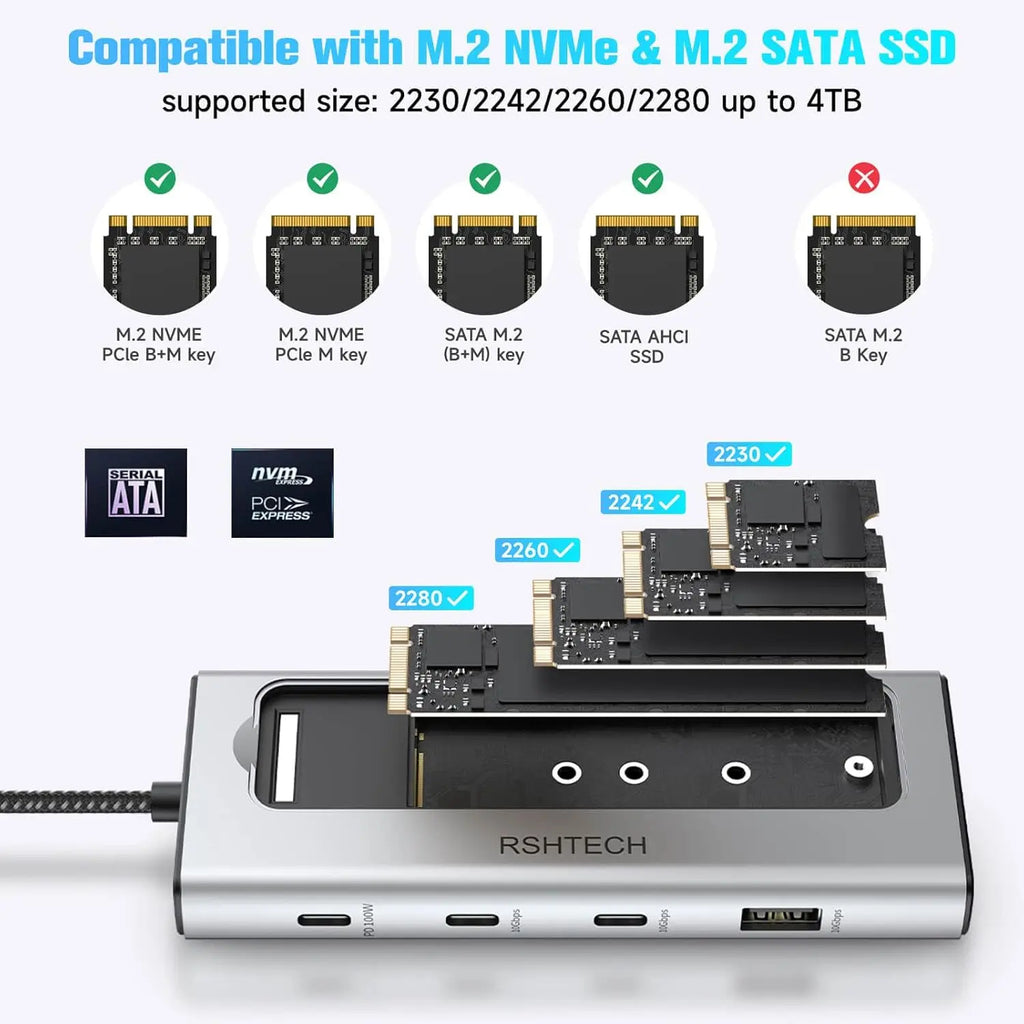 RSHTECH 5-in-1 Aluminium USB-C Hub with M.2 NVMe and SATA SSD Enclosure, 10Gbps, 3 USB 3.2 Ports, 100W Power Delivery