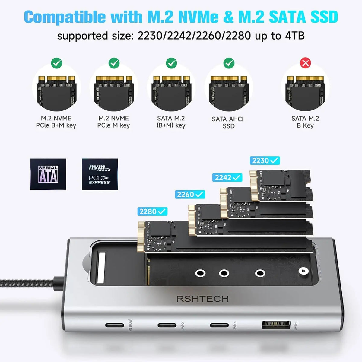 RSHTECH 5-in-1 Aluminium USB-C Hub with M.2 NVMe and SATA SSD Enclosure, 10Gbps, 3 USB 3.2 Ports, 100W Power Delivery
