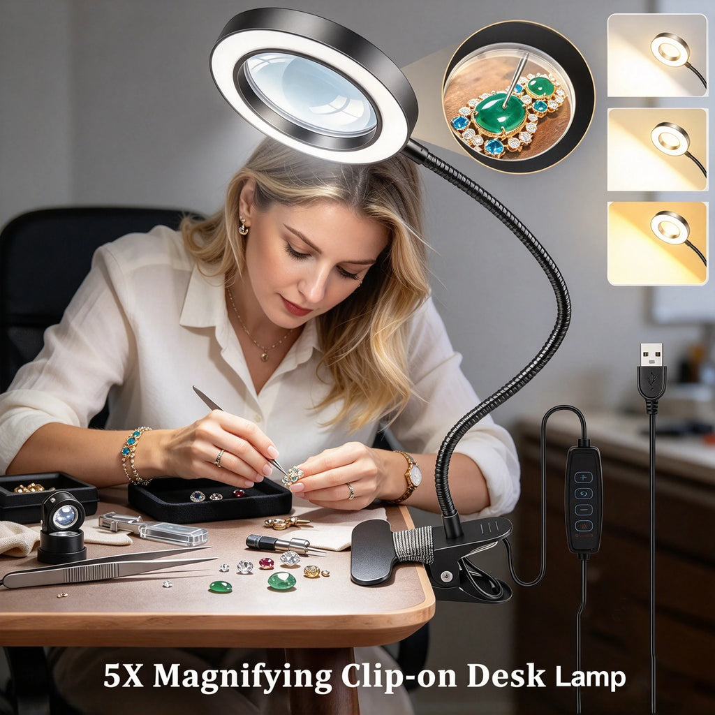 LED Clip-On Magnifying Desk Lamp 5X, USB Dimmable Gooseneck Magnifier Light with 3 Colors