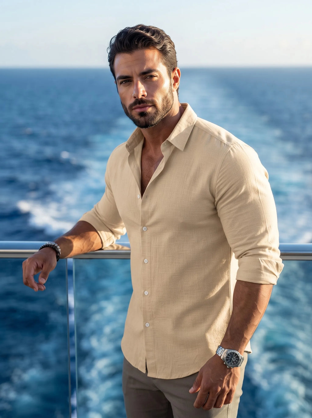 Men's Cotton Long Sleeve Shirt with Contrast Buttons, Classic Collar Roll-Up Sleeve Shirt
