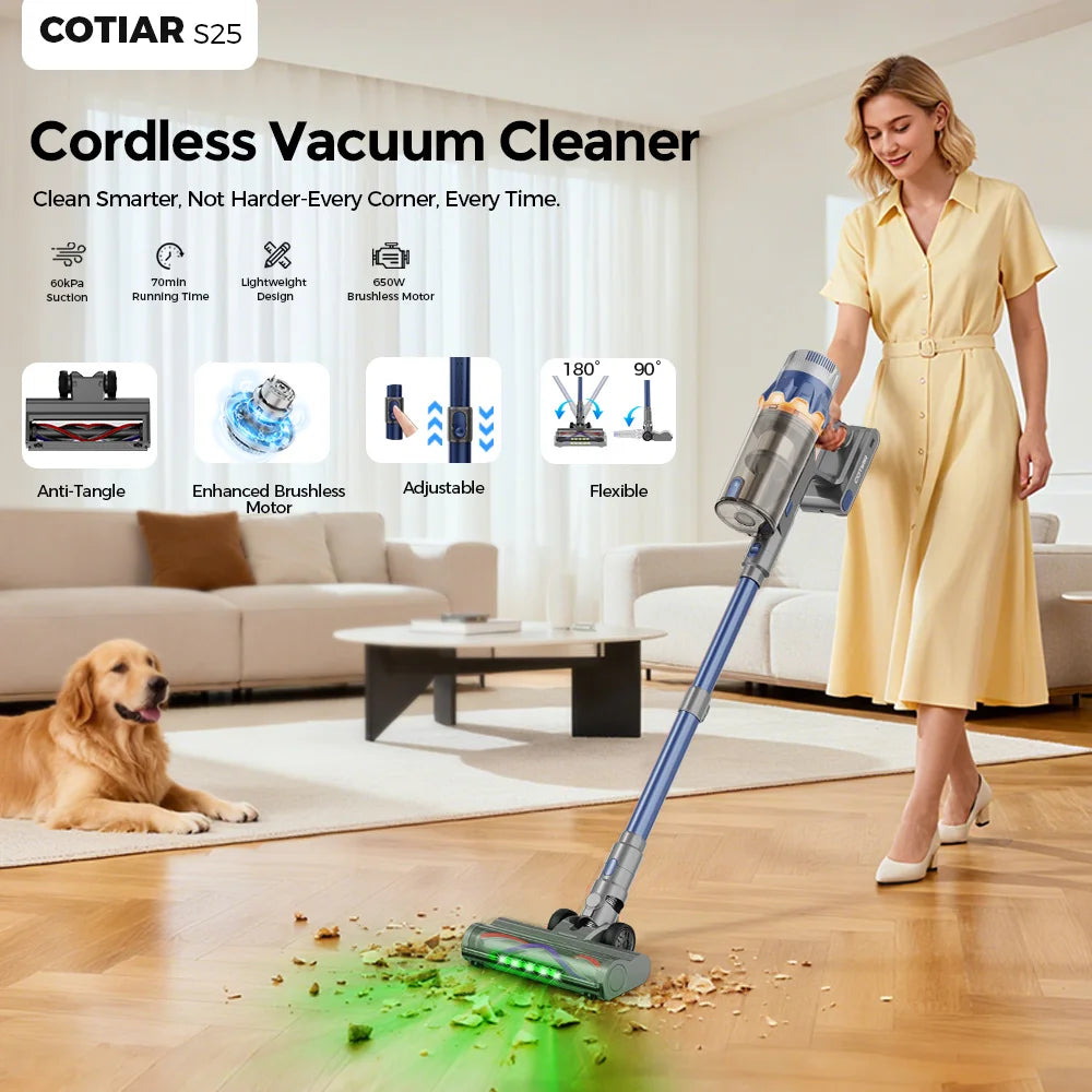 Cotiar 650W 60kPa Vertical Vacuum Cleaner Handheld Home Appliance Cordless Vacuum Cleaner 70 Mins Runtime Multi-functional  S25
