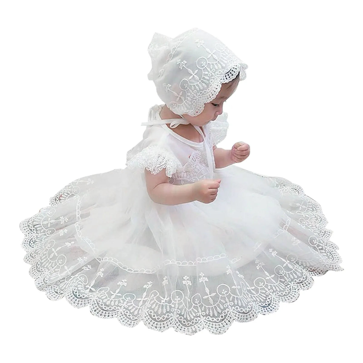 Baby Girl Lace Crochet Tulle Dress, Infant Christening and Special Occasion Ruffle Dress